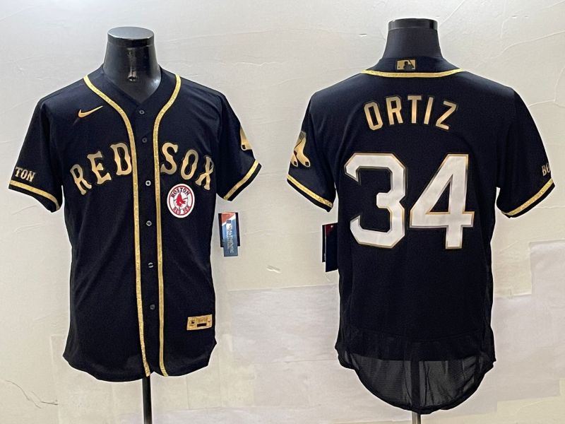 Men Boston Red Sox 34 Ortiz Black Gold three generations Elite 2025 Nike MLB Jersey style 1